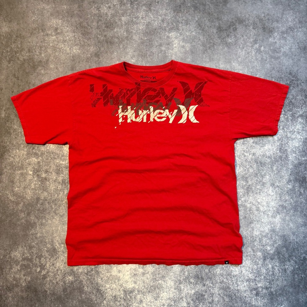 Y2K Hurley Mens Graphic T-Shirt Red Regular Fit X-Large XL Cotton 2000s